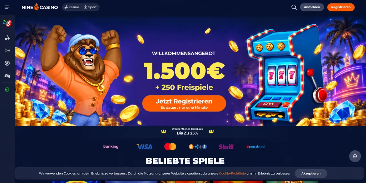 Nine Casino Willkommensangebot 1500 Euro Bonus 250 Freispiele und Spielautomaten Deutschland